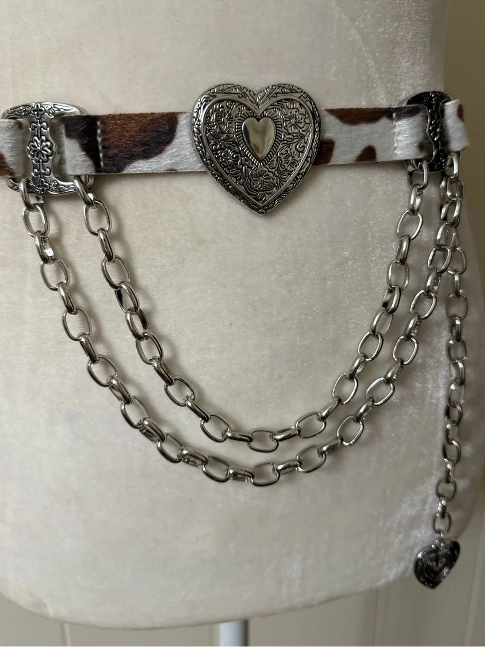 Haute Hippie Cow Print faux fur Hair-on-Hide Heart Chain Belt NWT